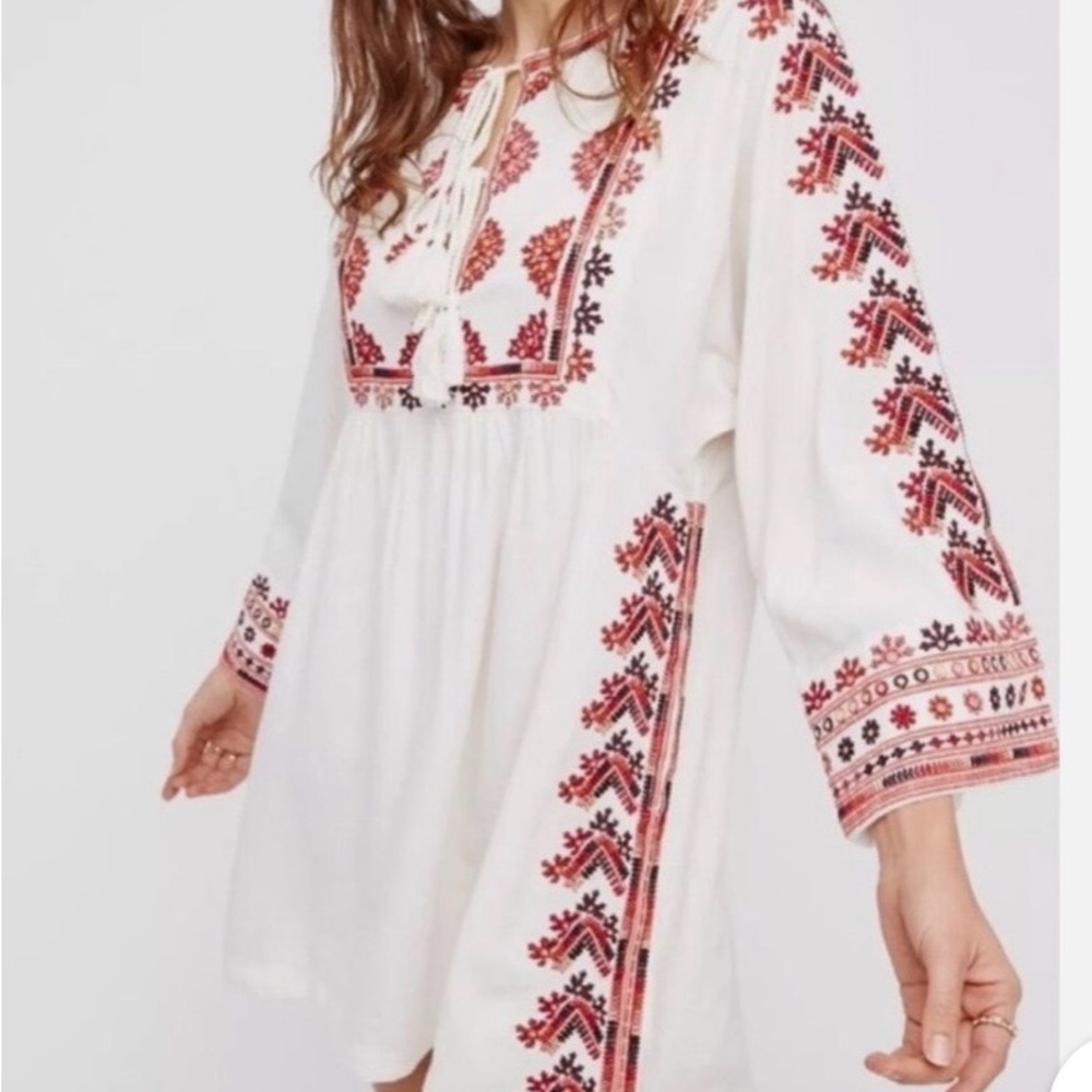 Free People White Dress with Red Embroidery
